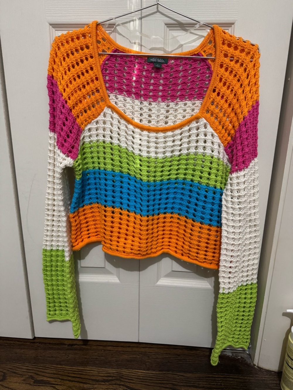 wild fable Orange Pink White Green Blue Striped Crochet Sweater